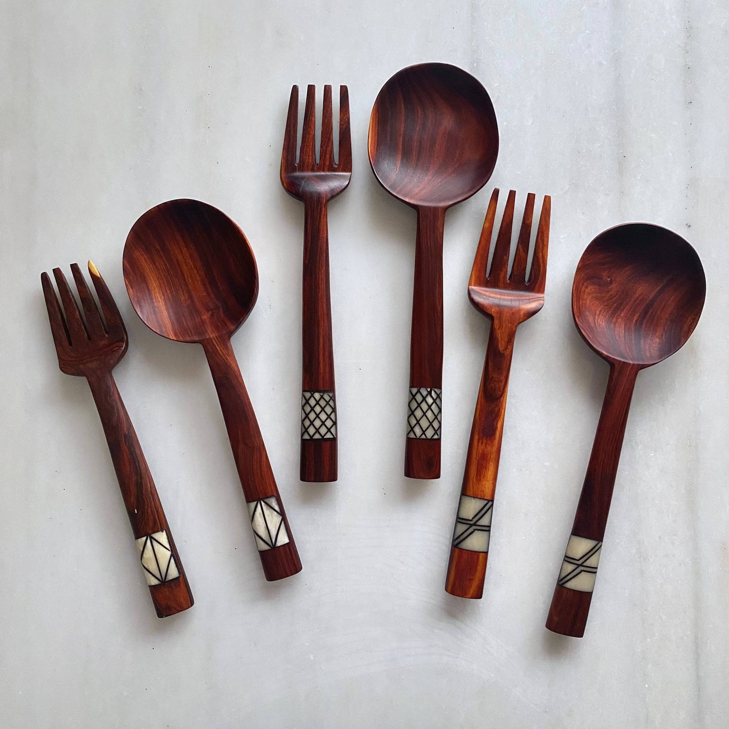 Inlaid Hardwood Salad Server set of two hand carved