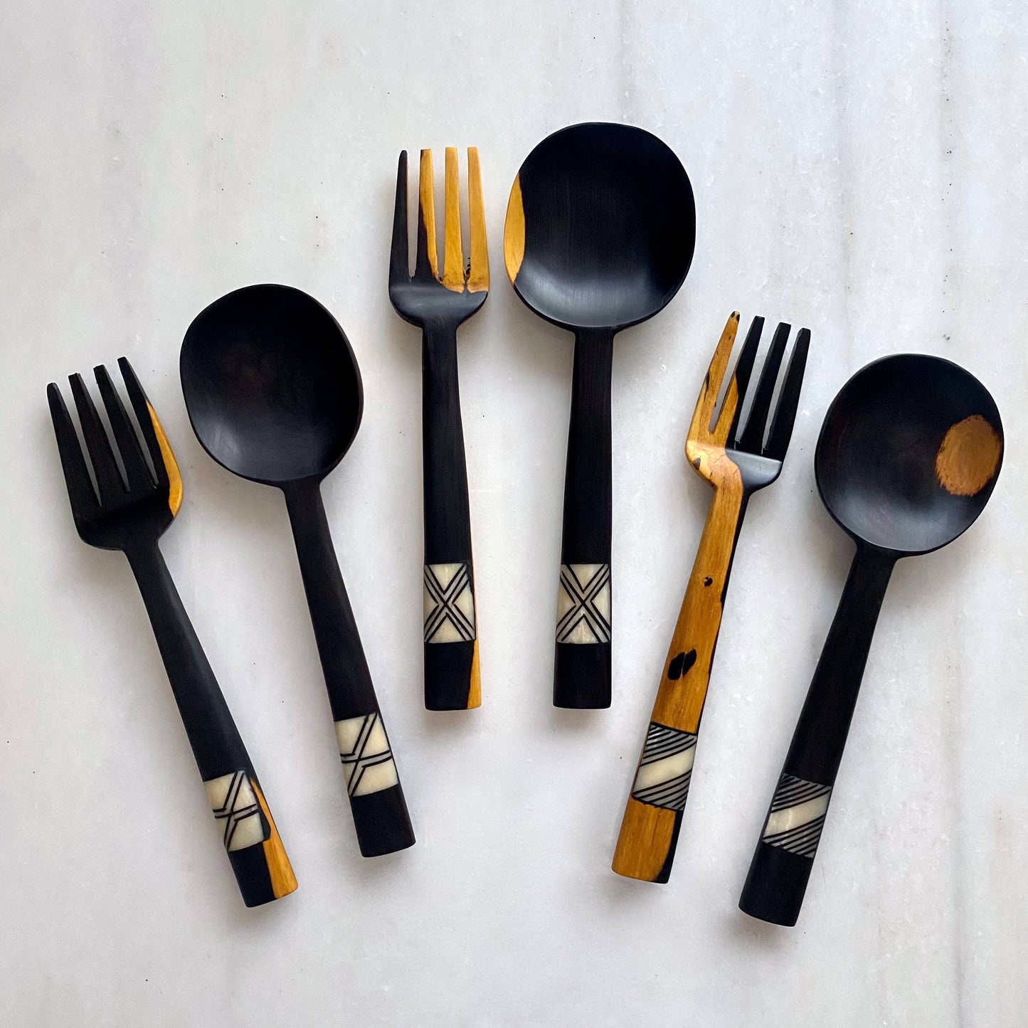 Inlaid Hardwood Salad Server set of two hand carved