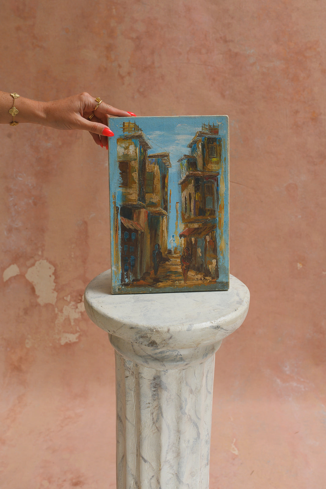 Original oil painting of a Damascus alleyway in blue and ochre tones by a Syrian artist