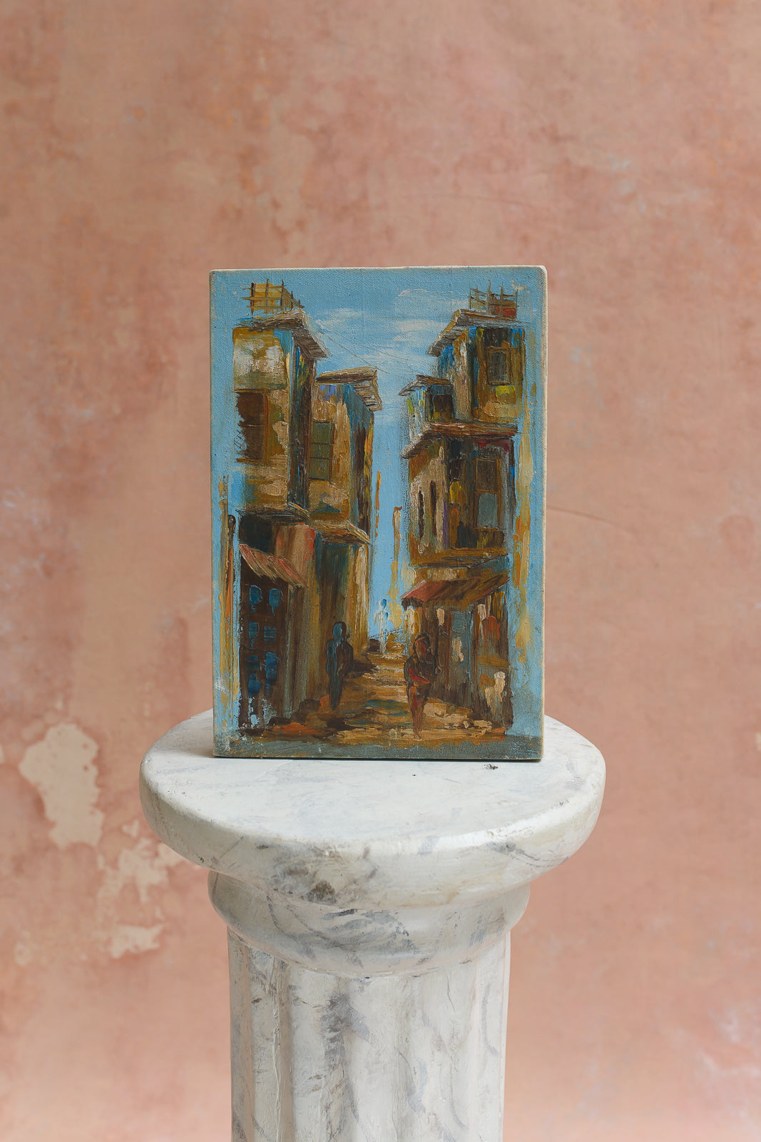 Original oil painting of a Damascus alleyway in blue and ochre tones by a Syrian artist