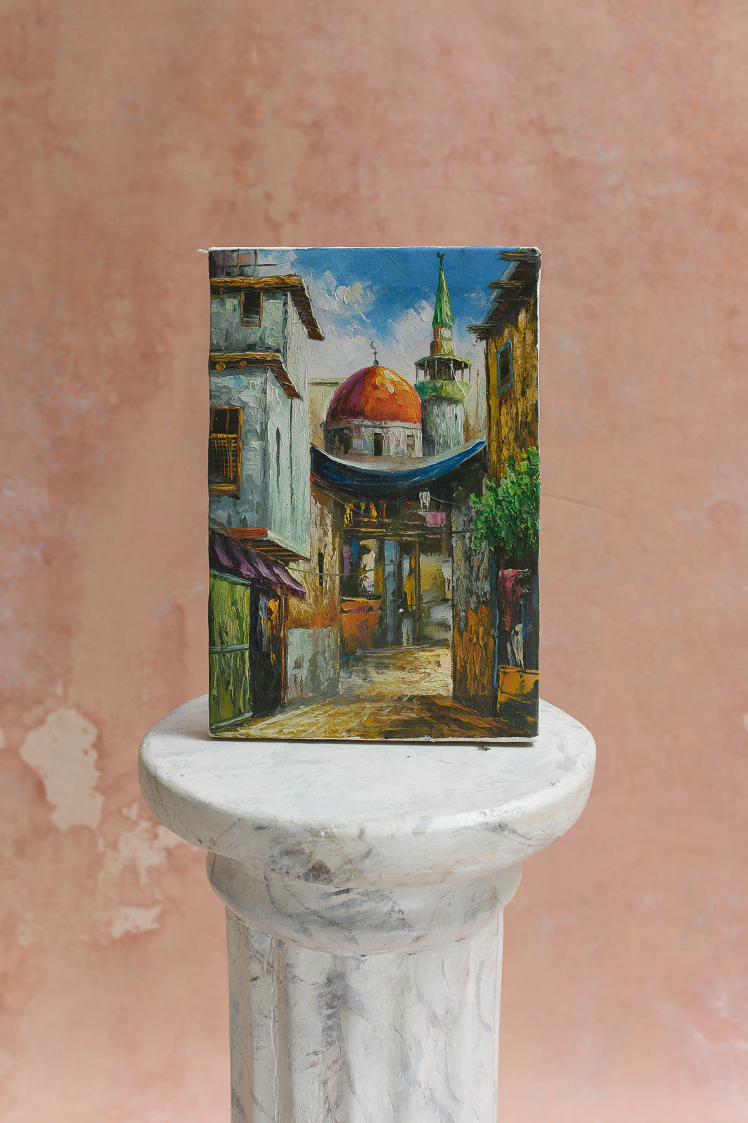 Original oil painting of a Damascus market alley with mosque dome and minaret by a Syrian artist