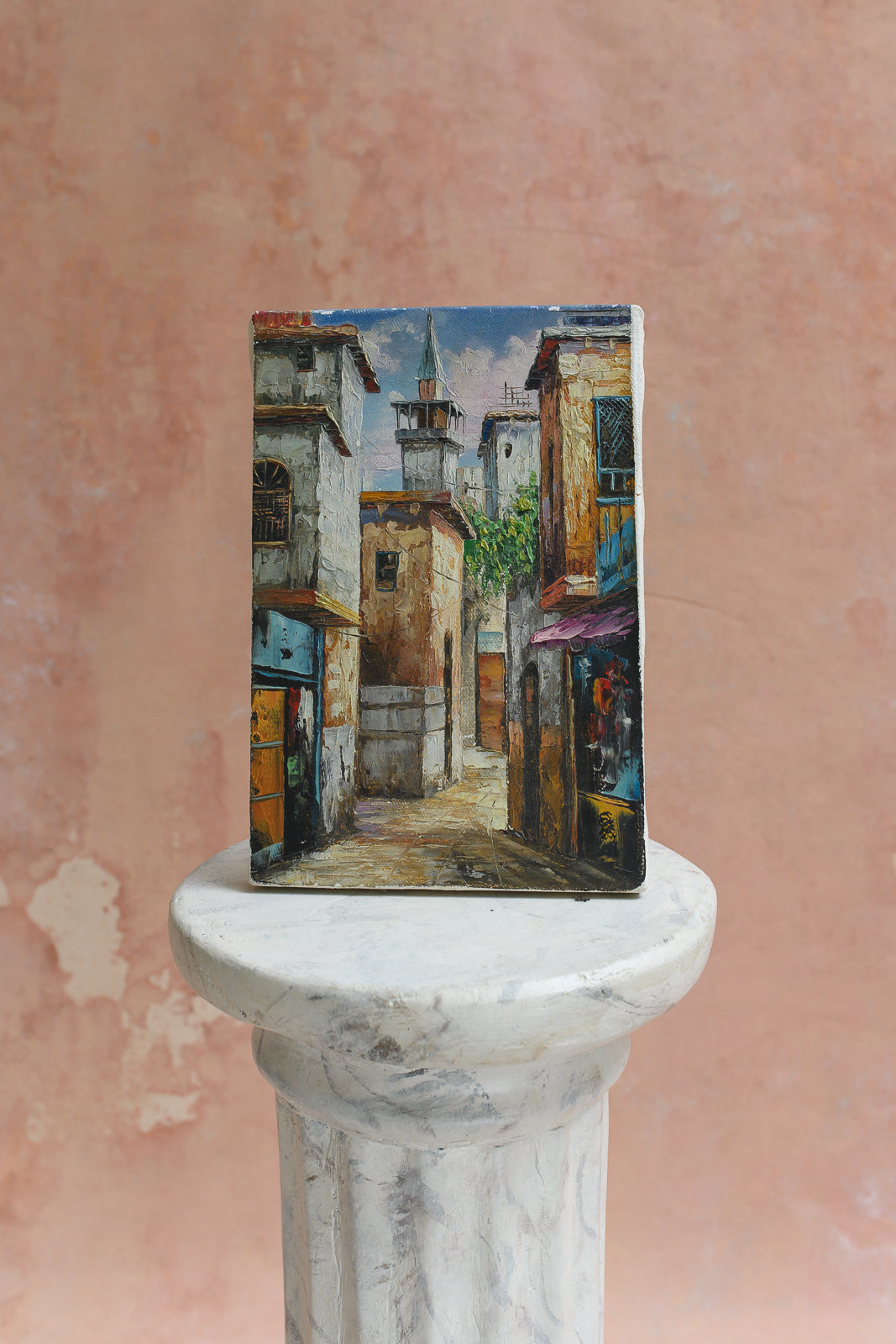 Original oil painting of a Damascus alley with minaret and tree by a Syrian artist