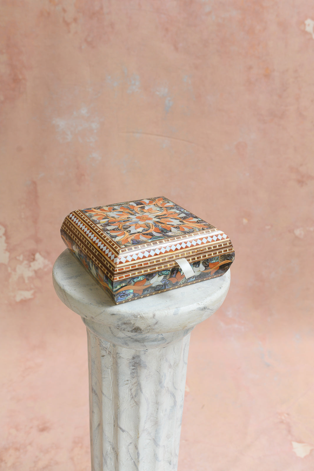 Damascus mother-of-pearl keepsake box with abalone lotus medallion lid