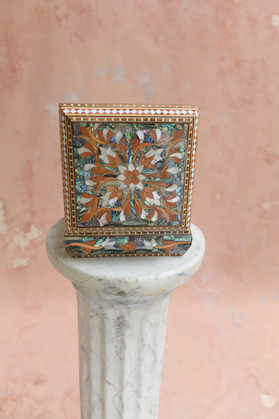 Front view of Damascus keepsake box with abalone lotus medallion