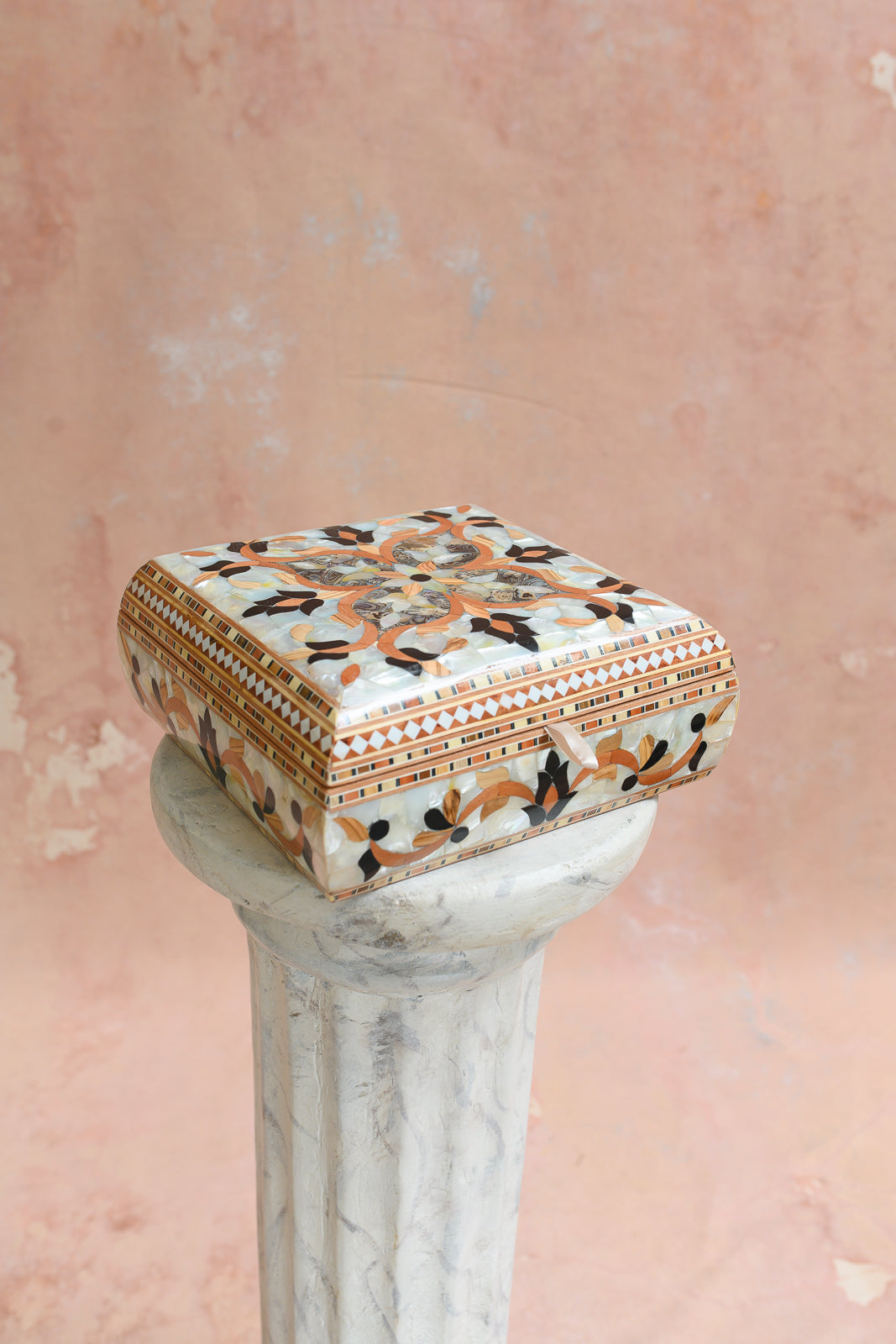 Damascus keepsake box with white mother-of-pearl medallion and abalone accents