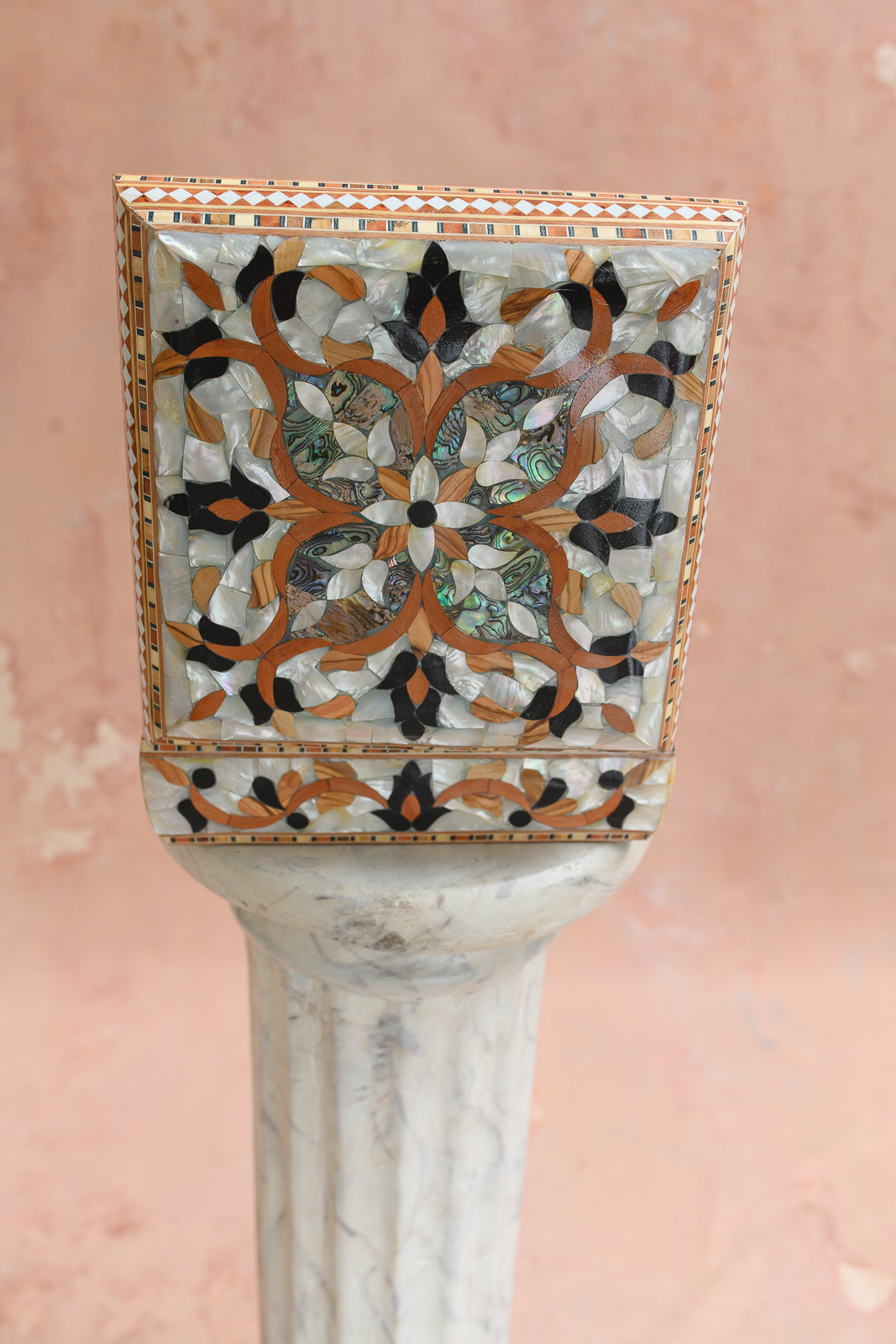 Damascus keepsake box with white mother-of-pearl medallion and abalone accents