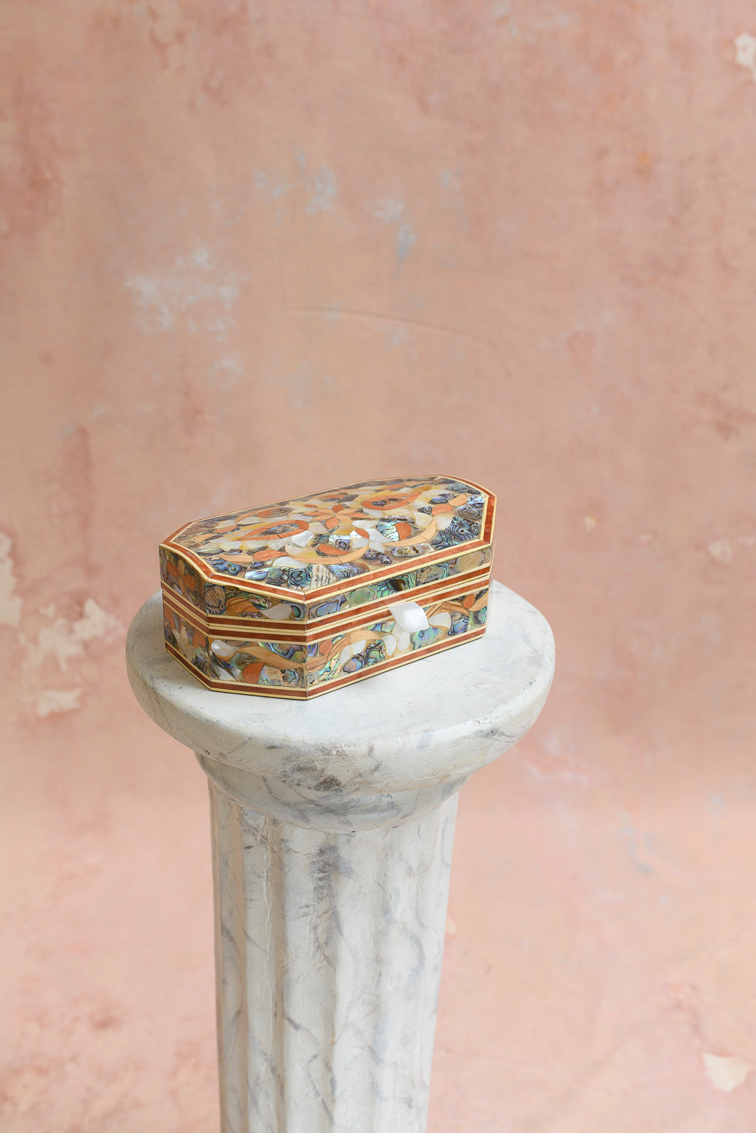 Damascus elongated keepsake box with abalone shell vine medallion inlay