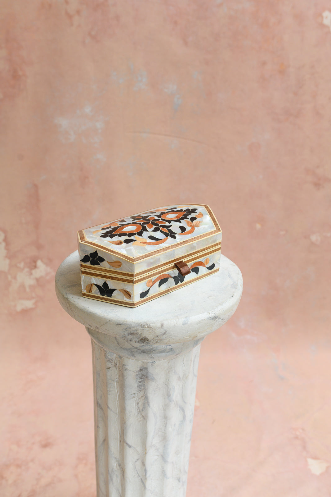 Damascus elongated keepsake box with white mother-of-pearl vine medallion inlay