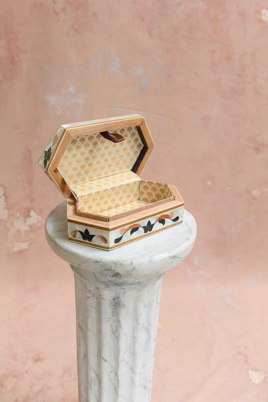 Interior of Damascus keepsake box lined in mustard floral-medallion brocade