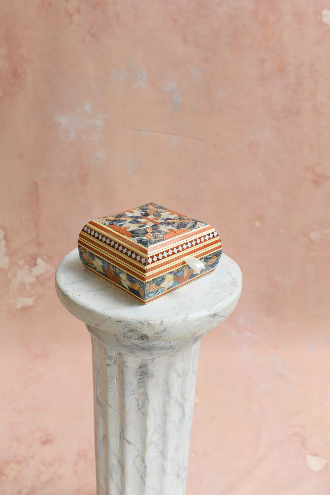 Damascus keepsake box with abalone shell kaleidoscope medallion inlay