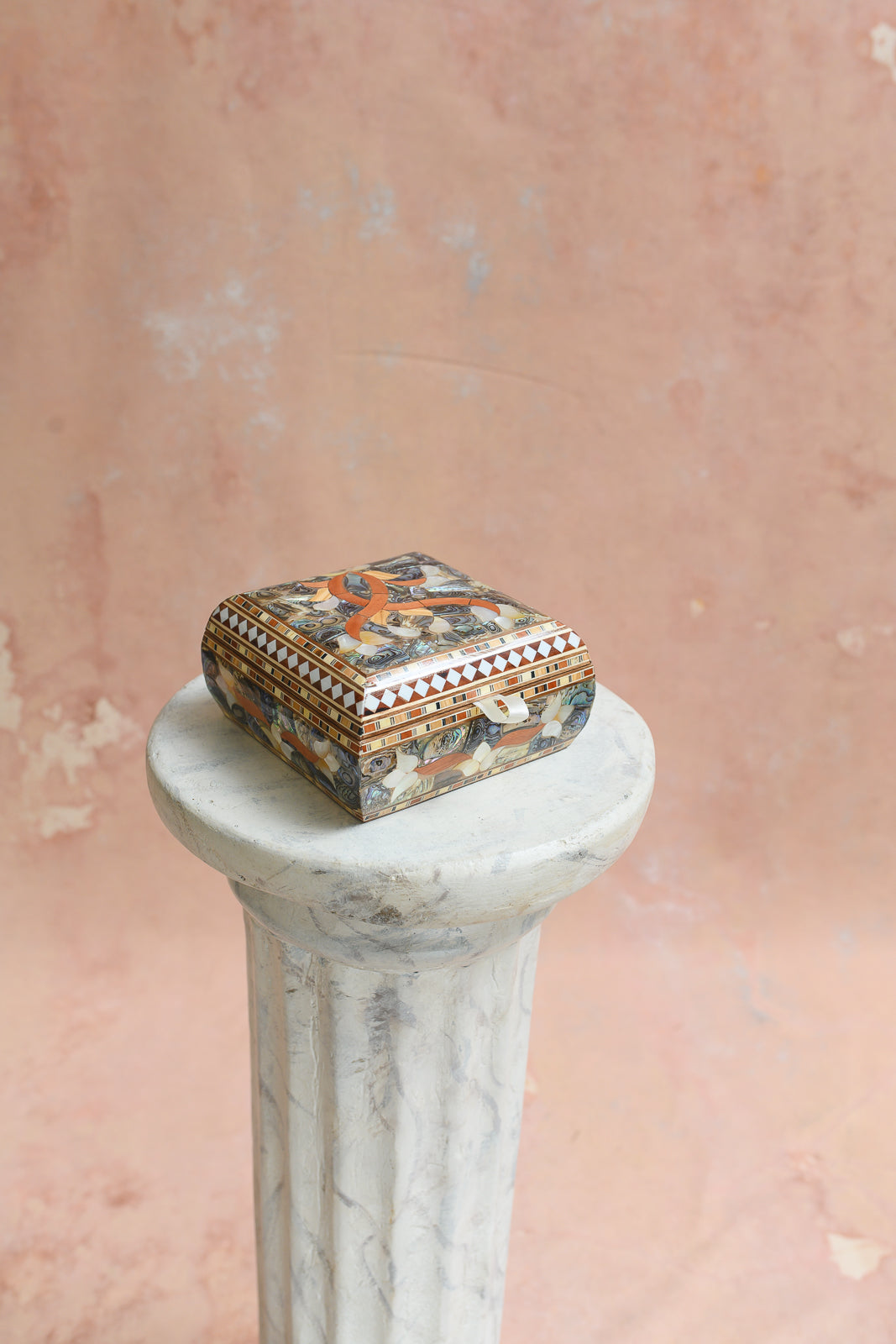 Damascus keepsake box with abalone shell ribbon swirl inlay