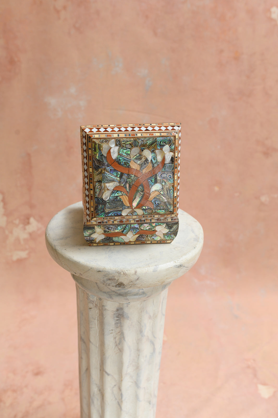 Front view of Damascus keepsake box with abalone ribbon inlay