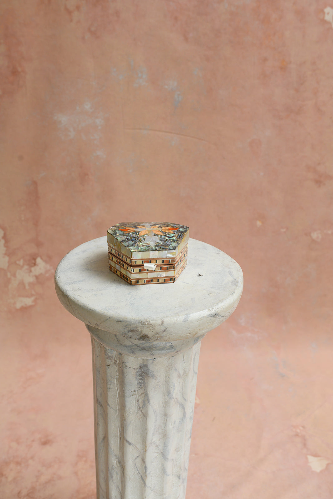 Damascus hexagon keepsake box with abalone shell flower inlay