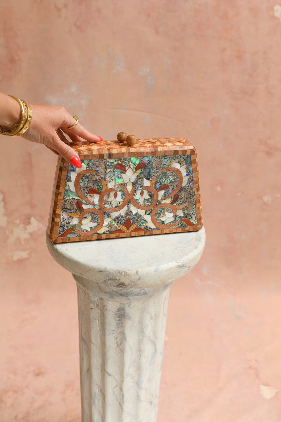 Damascus mother-of-pearl box clutch with floral swirl inlay and wood parquet trim
