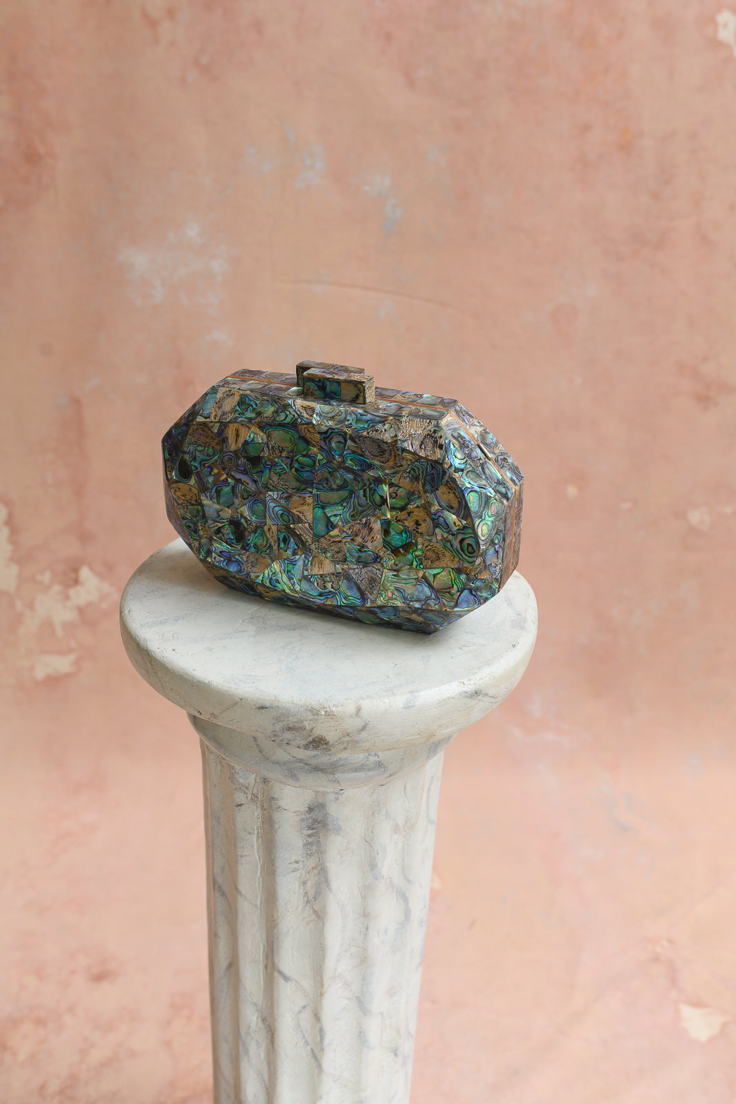 Damascus abalone shell mosaic clutch with faceted boulder shape