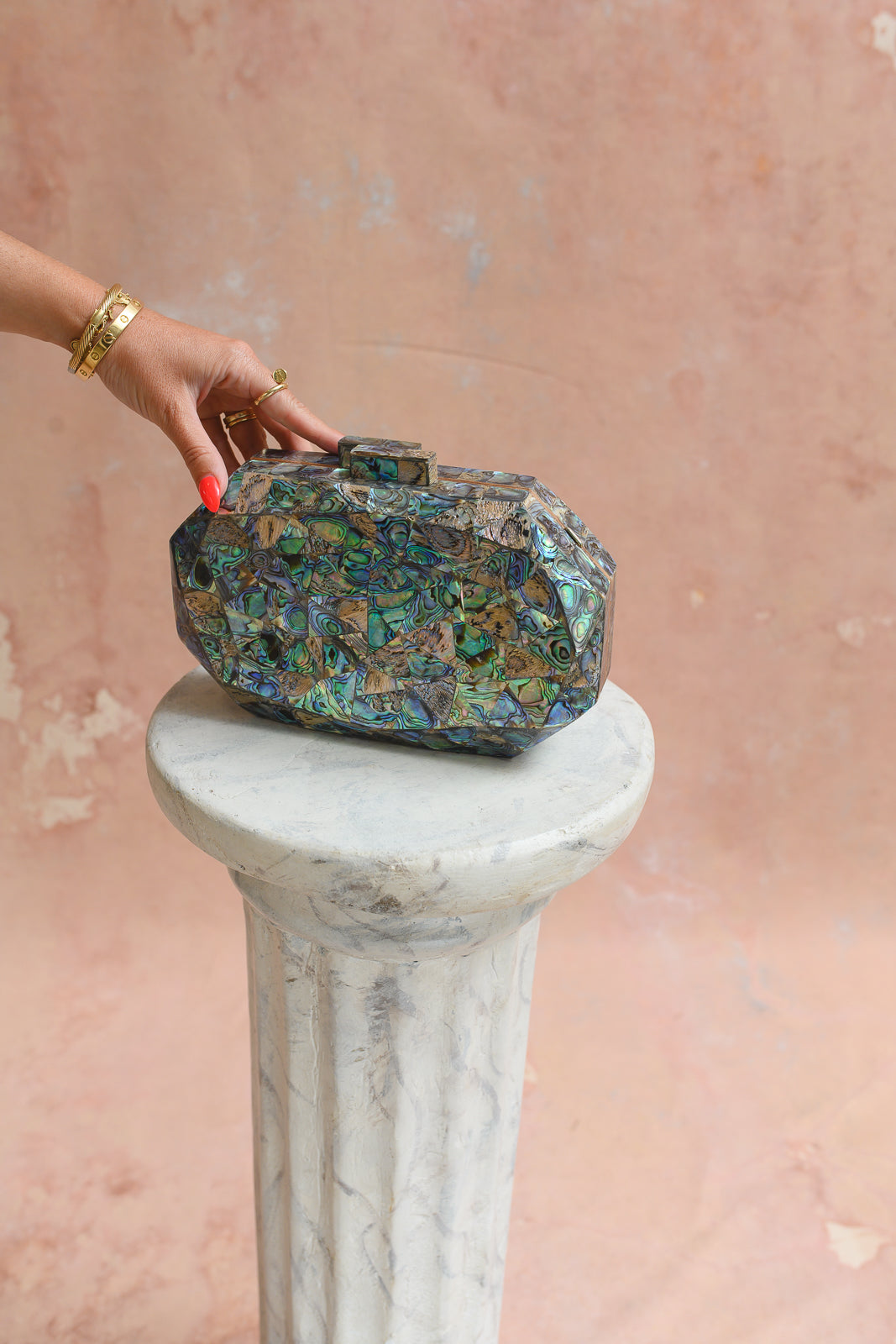 Shell-set clasp on Damascus abalone mosaic clutch
