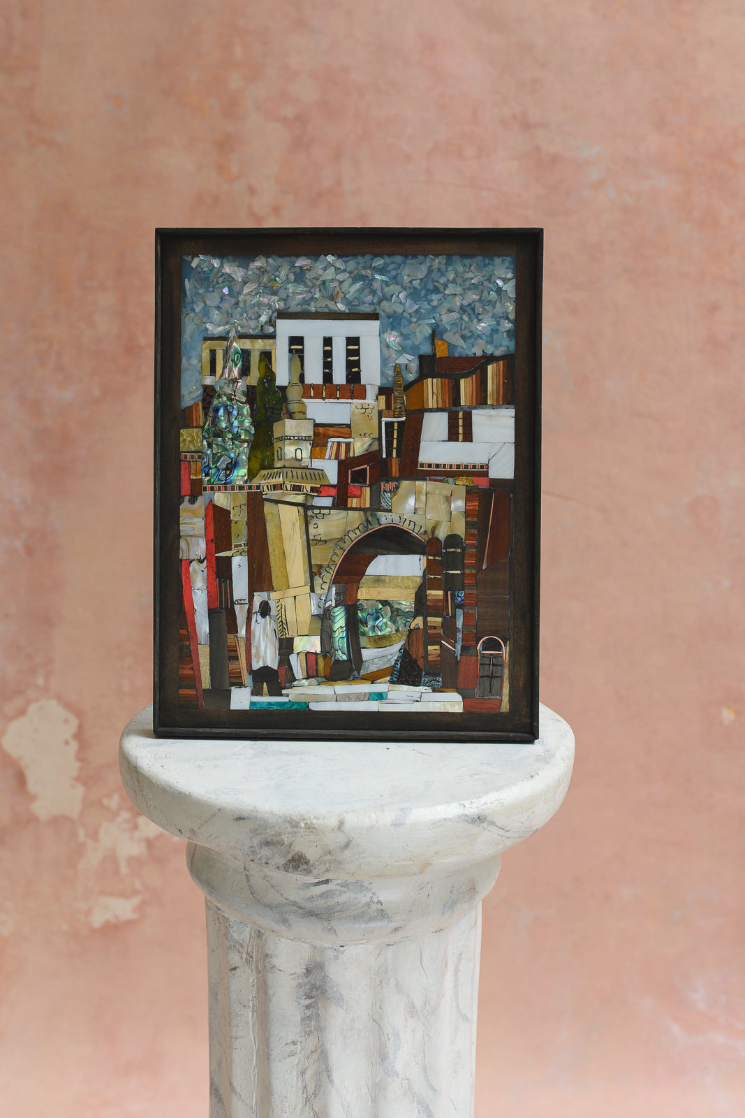 Framed wood and abalone shell mosaic wall panel of a Damascus Old City archway