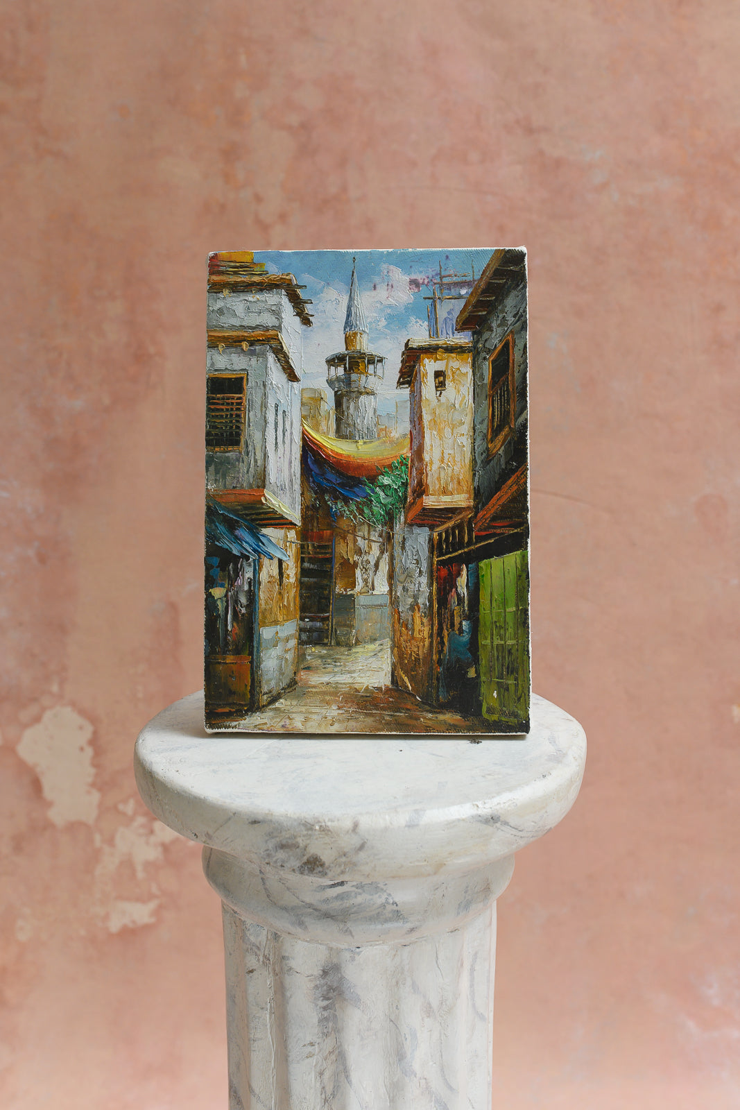 Original oil painting of a Damascus alley with minaret and green market door by a Syrian artist