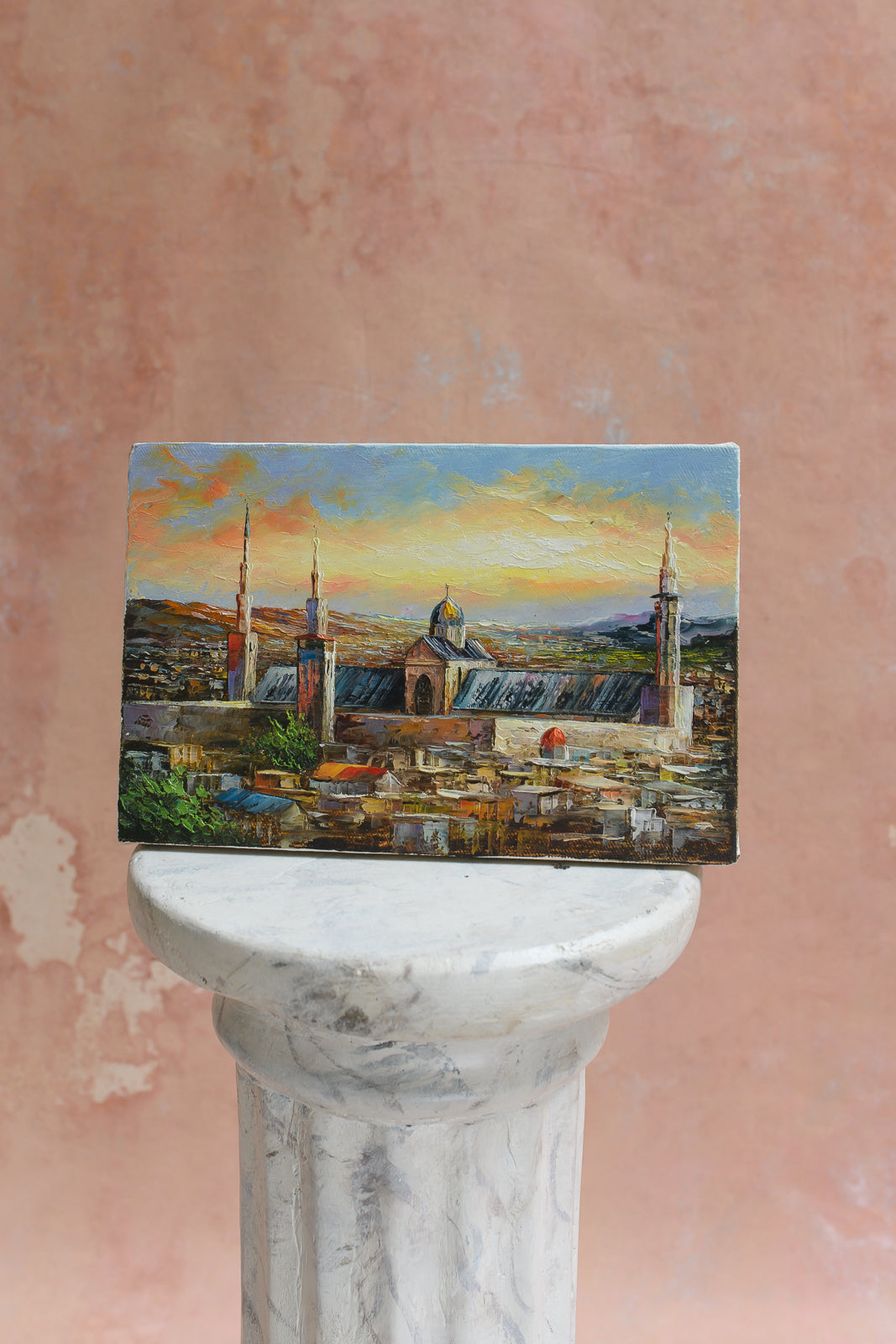 Original oil painting of the Damascus skyline at sunset with minarets and dome by a Syrian artist